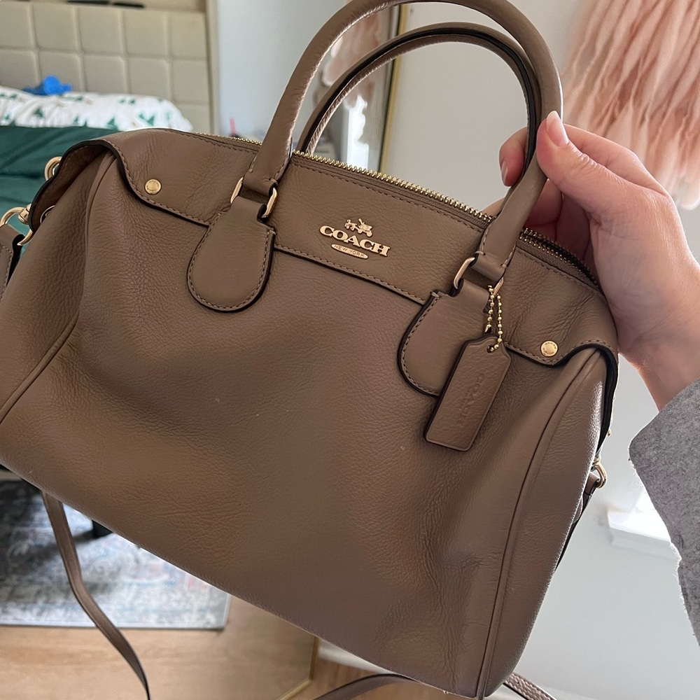 Tan Leather Satchel with Gold Accents and Top Handle